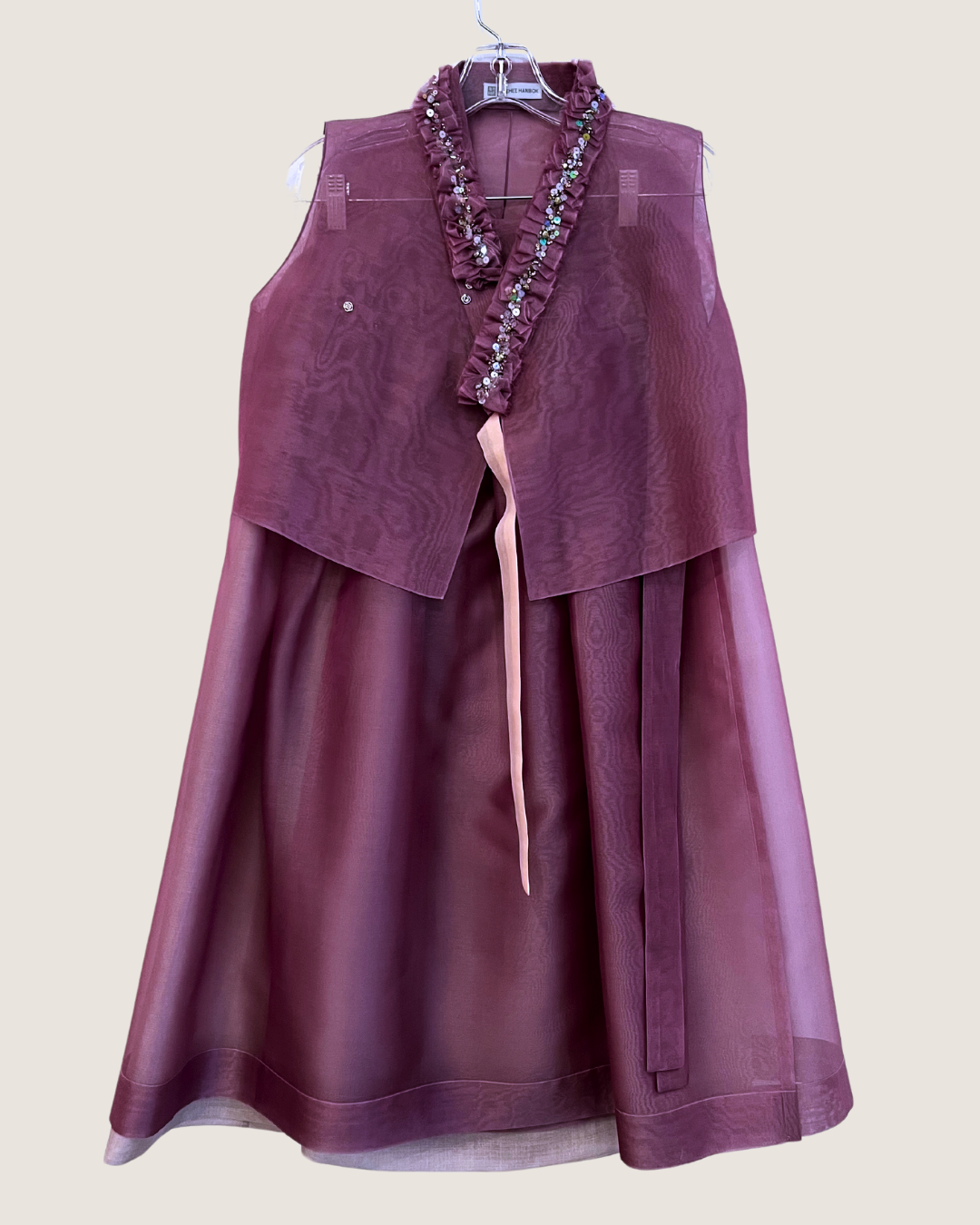 Hand-beaded jeogori with layered pants and skirt