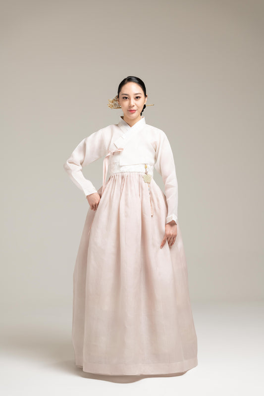 Soft Pink Silk Hanbok With Embroidery