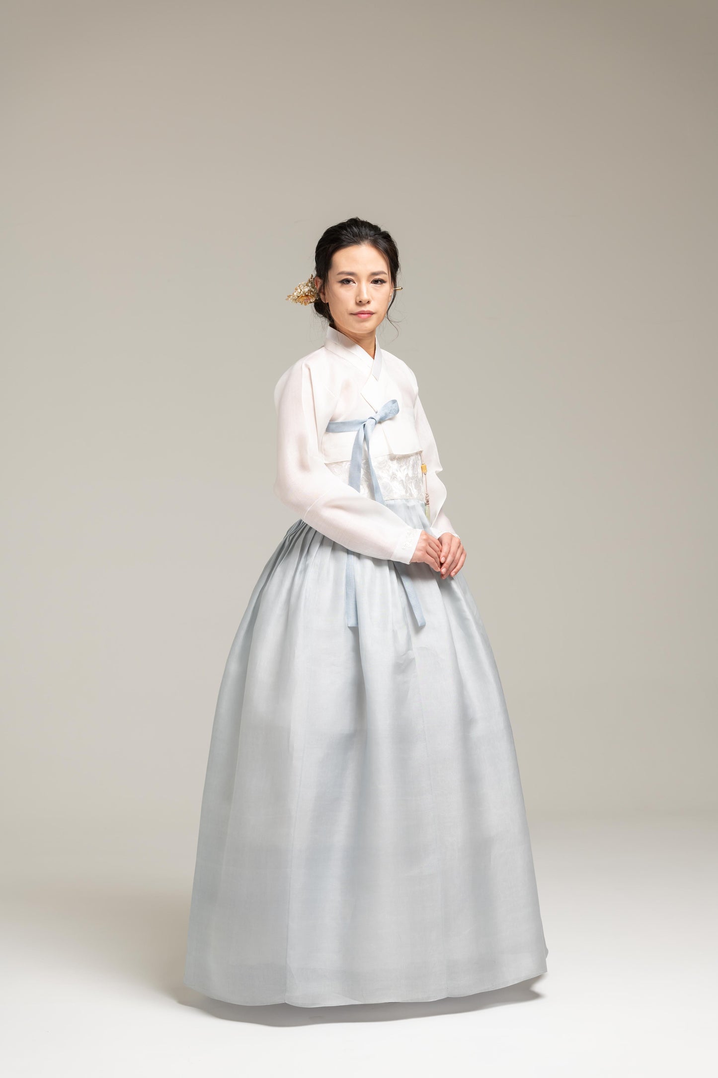 Soft Blue Silk Hanbok with Embroidery