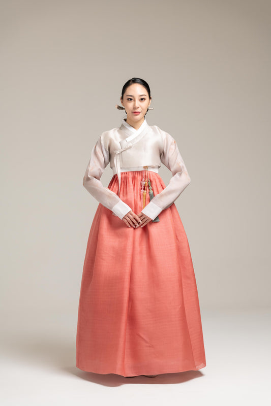 Coral Silk Skirt & Floral Sleeved Jeogori