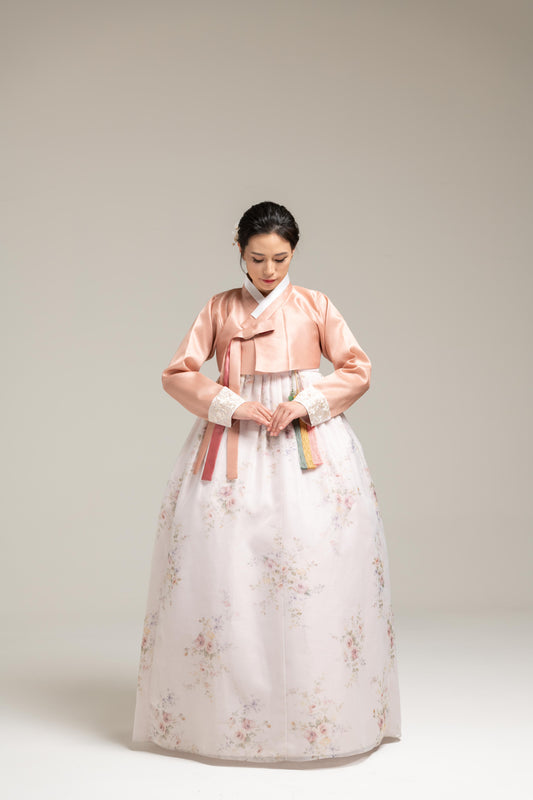 Peach Myungju Jeogori & Flower Patterned Dress