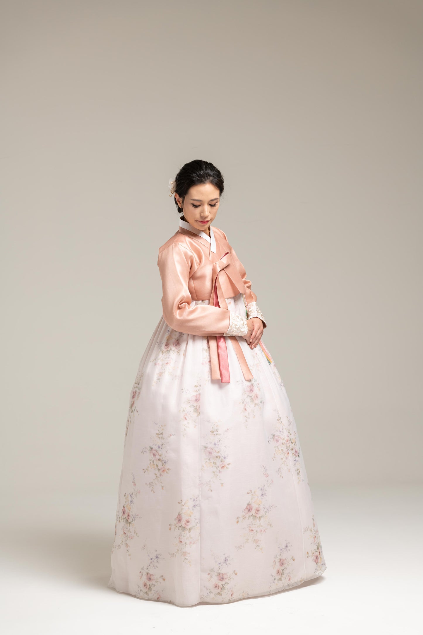 Peach Myungju Jeogori & Flower Patterned Dress