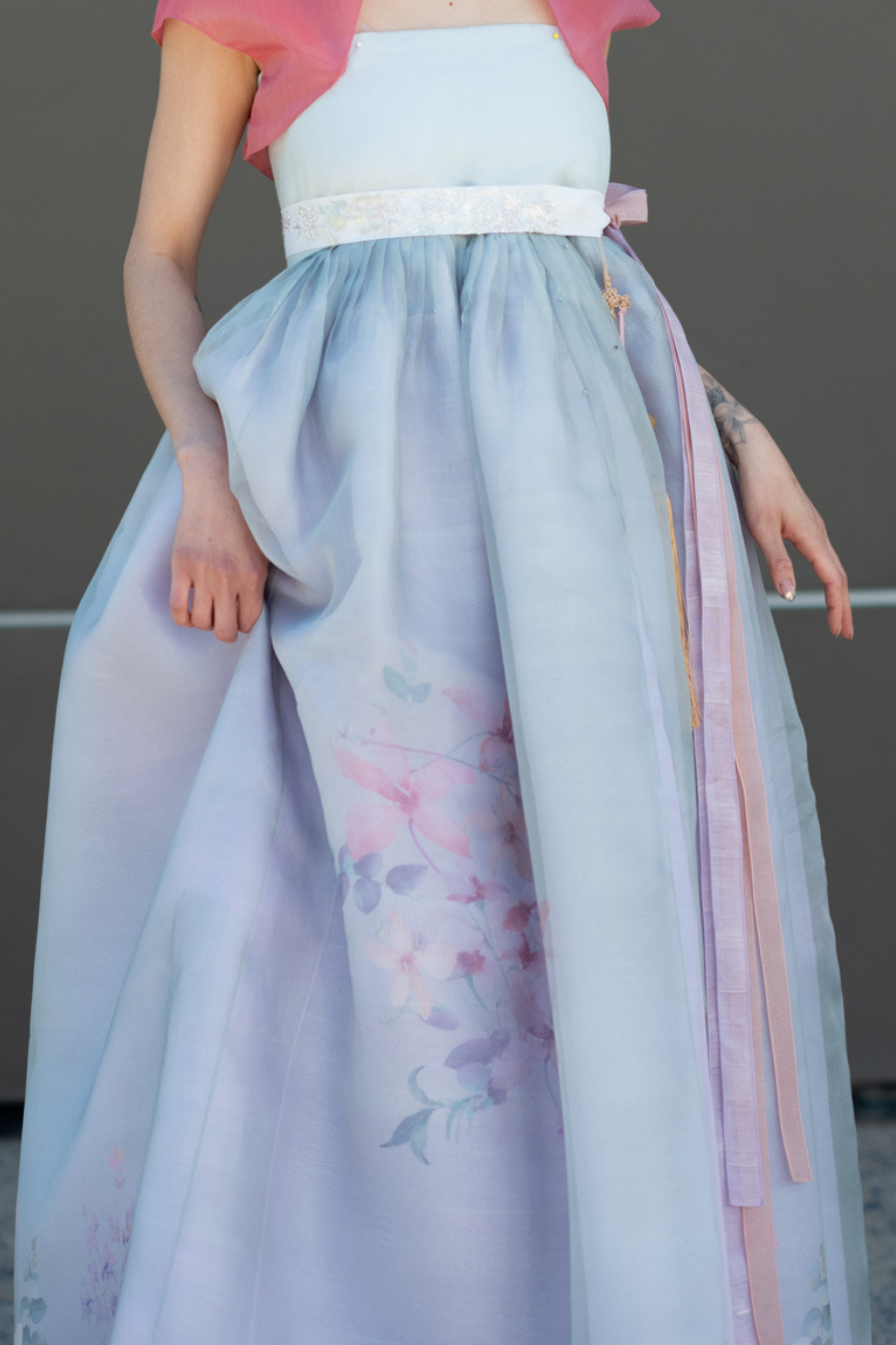 Hand Painted Silk Flower Dress in Cool Blue