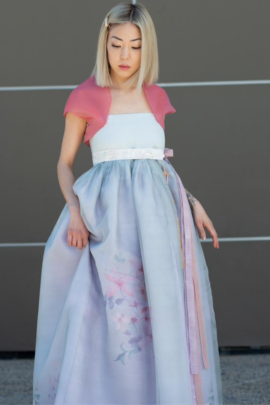 Hand Painted Silk Flower Dress in Cool Blue