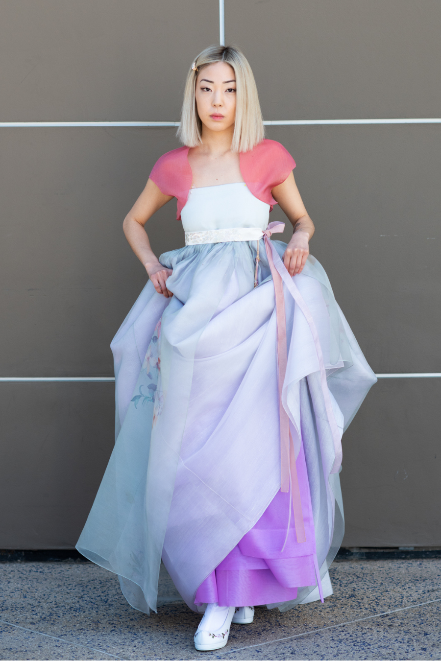 Hand Painted Silk Flower Dress in Cool Blue