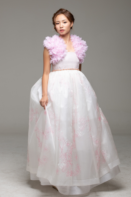 White dress with pink beading (without bolero top)