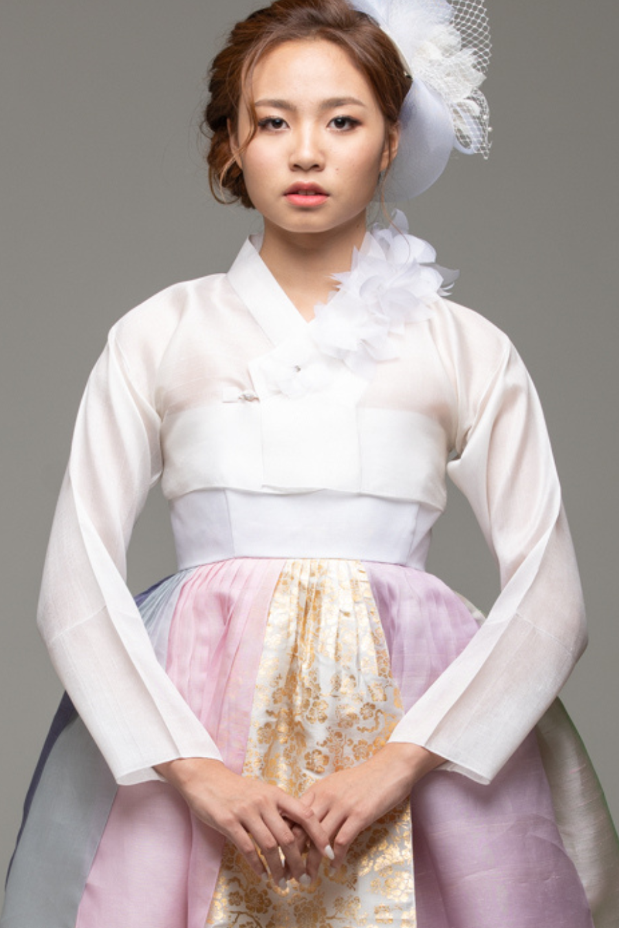 Long Sleeved White Jeogori with Silk Flowers & Beading