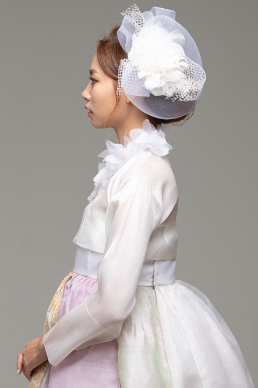 Long Sleeved White Jeogori with Silk Flowers & Beading