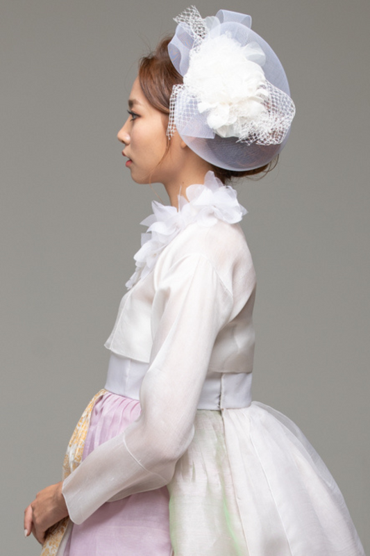 Long Sleeved White Jeogori with Silk Flowers & Beading
