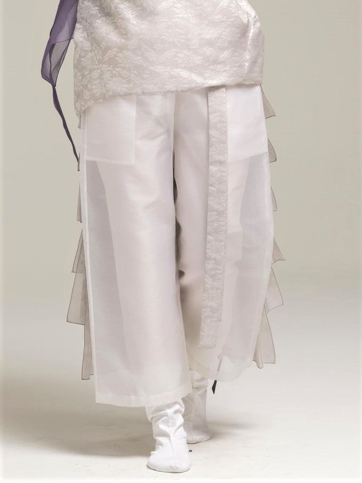 Transparency Stretch-Waist Silk Pants (With Pockets)