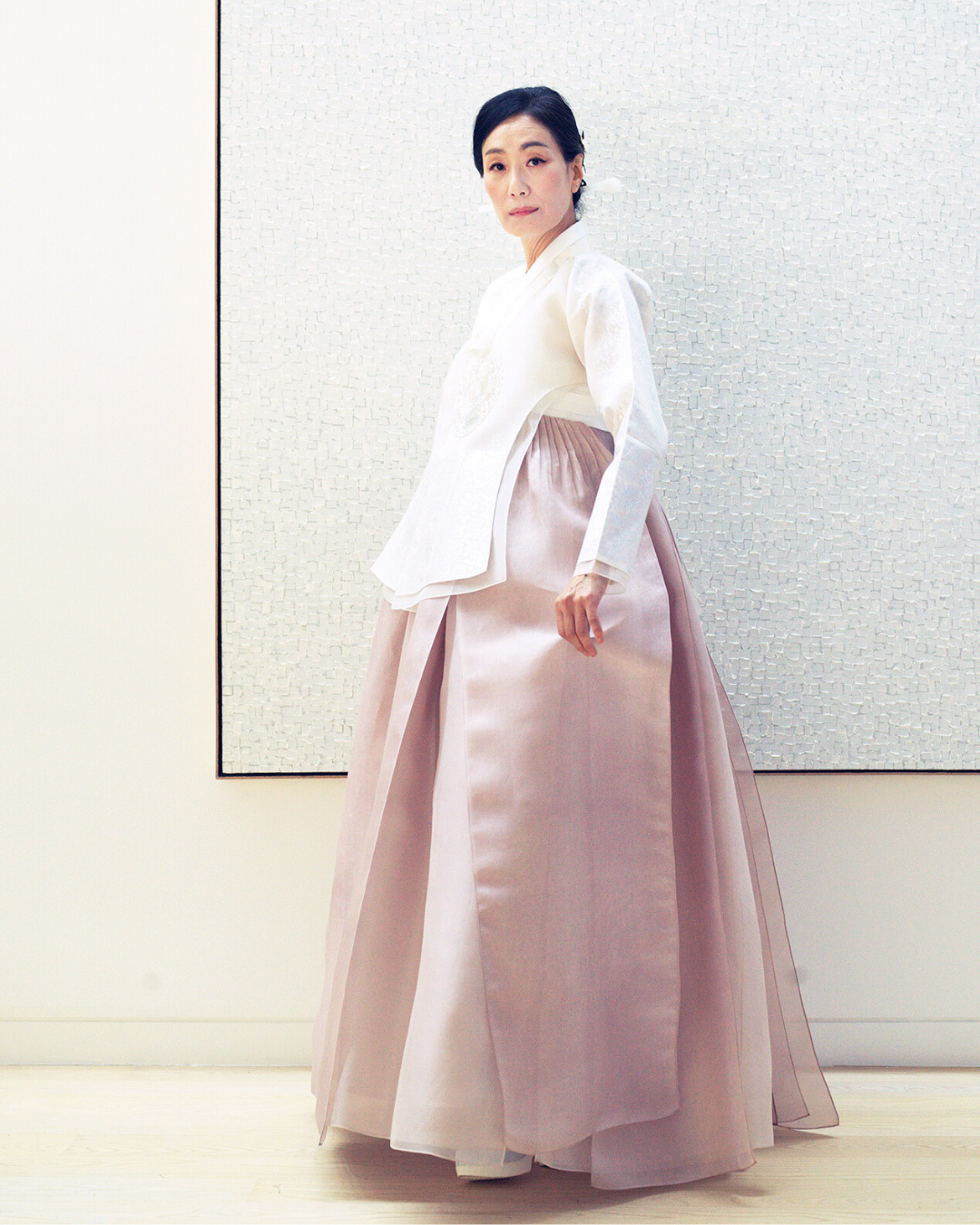 White long sleeved dangui (top) & Double layered panel skirt with embroidery on back