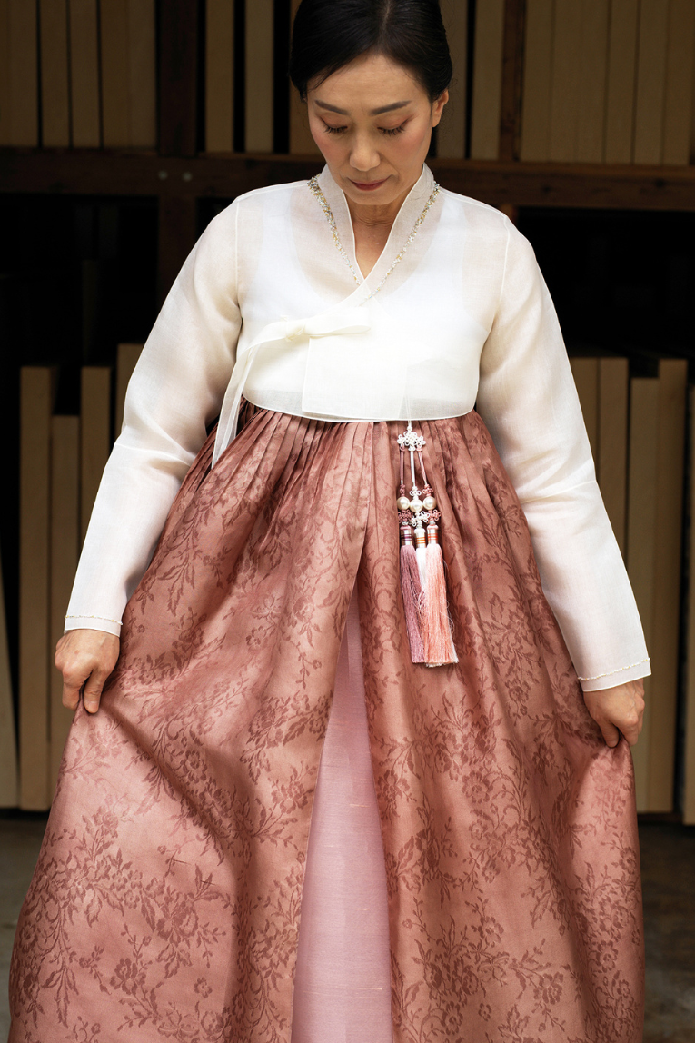 Hand Beaded Jeogori And Double Layered Paneled Skirt – Meehee Hanbok