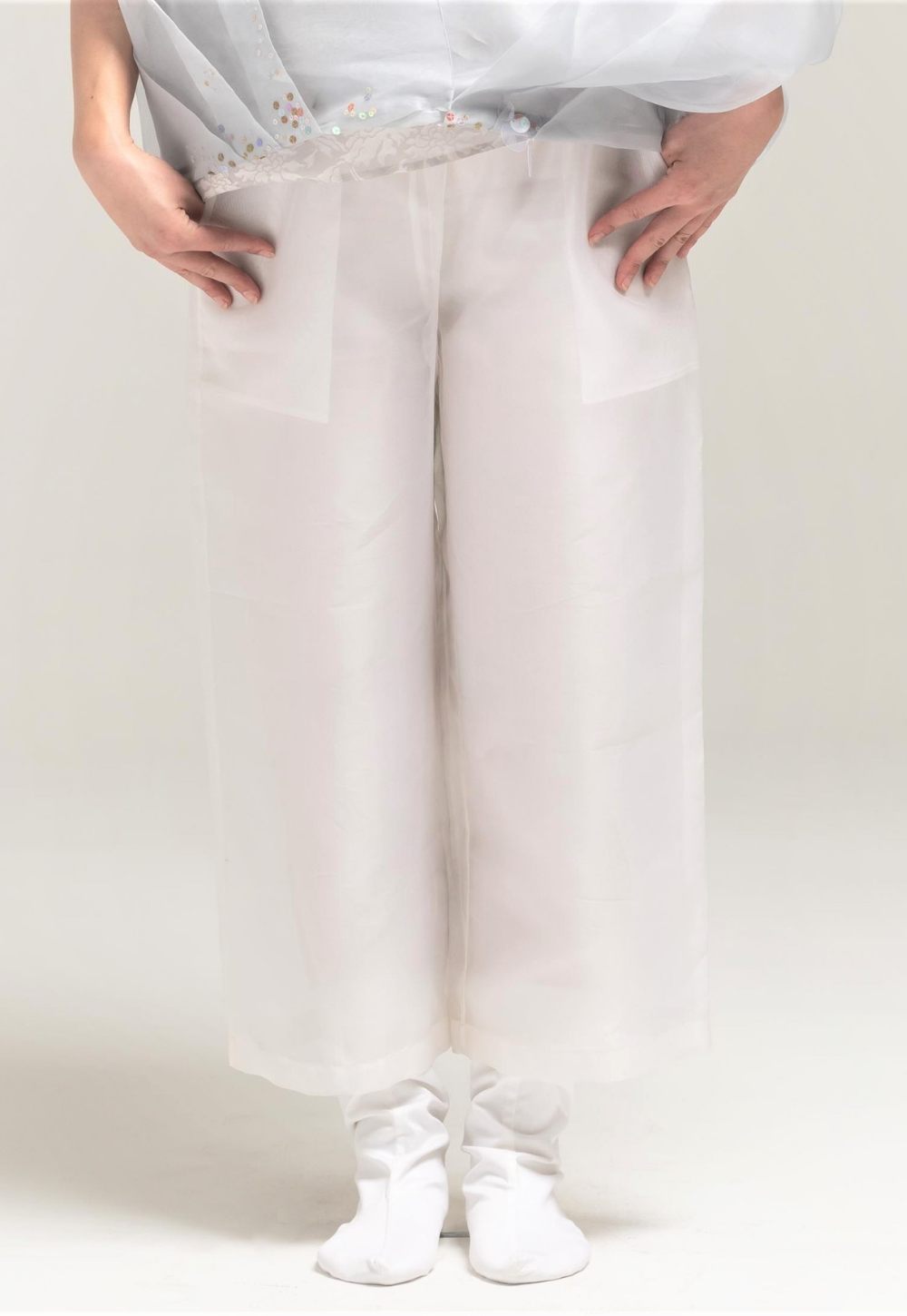 Transparency Stretch-Waist Silk Pants (With Pockets)