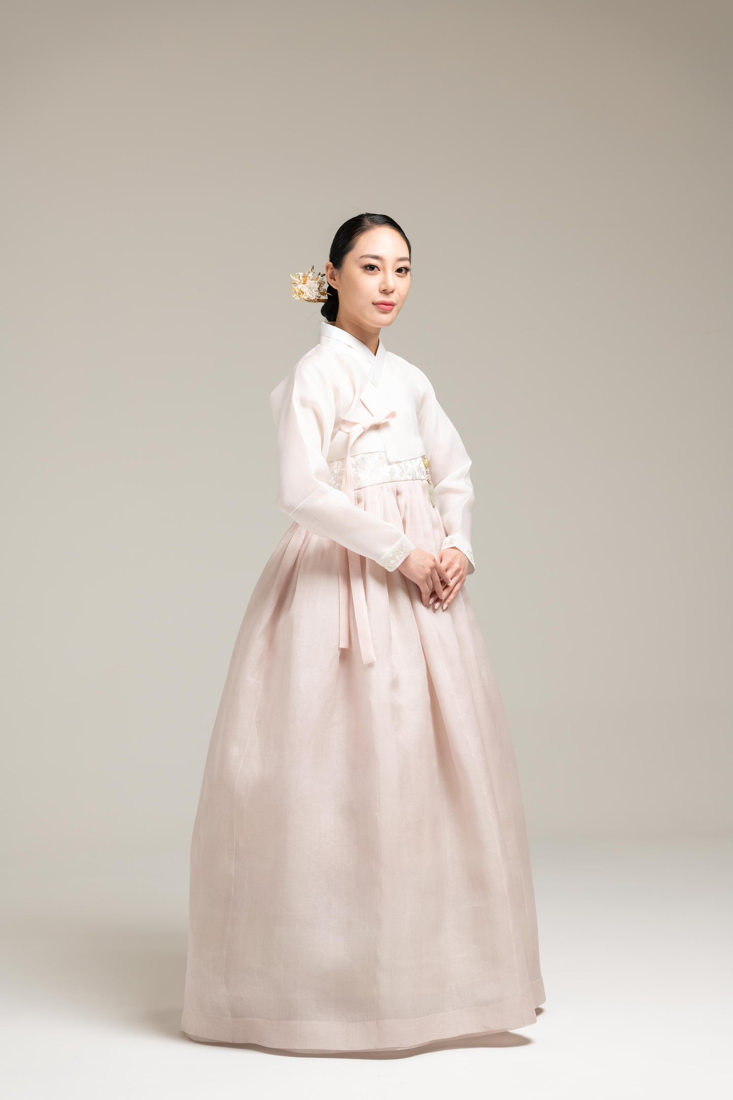 Soft Pink Silk Hanbok With Embroidery