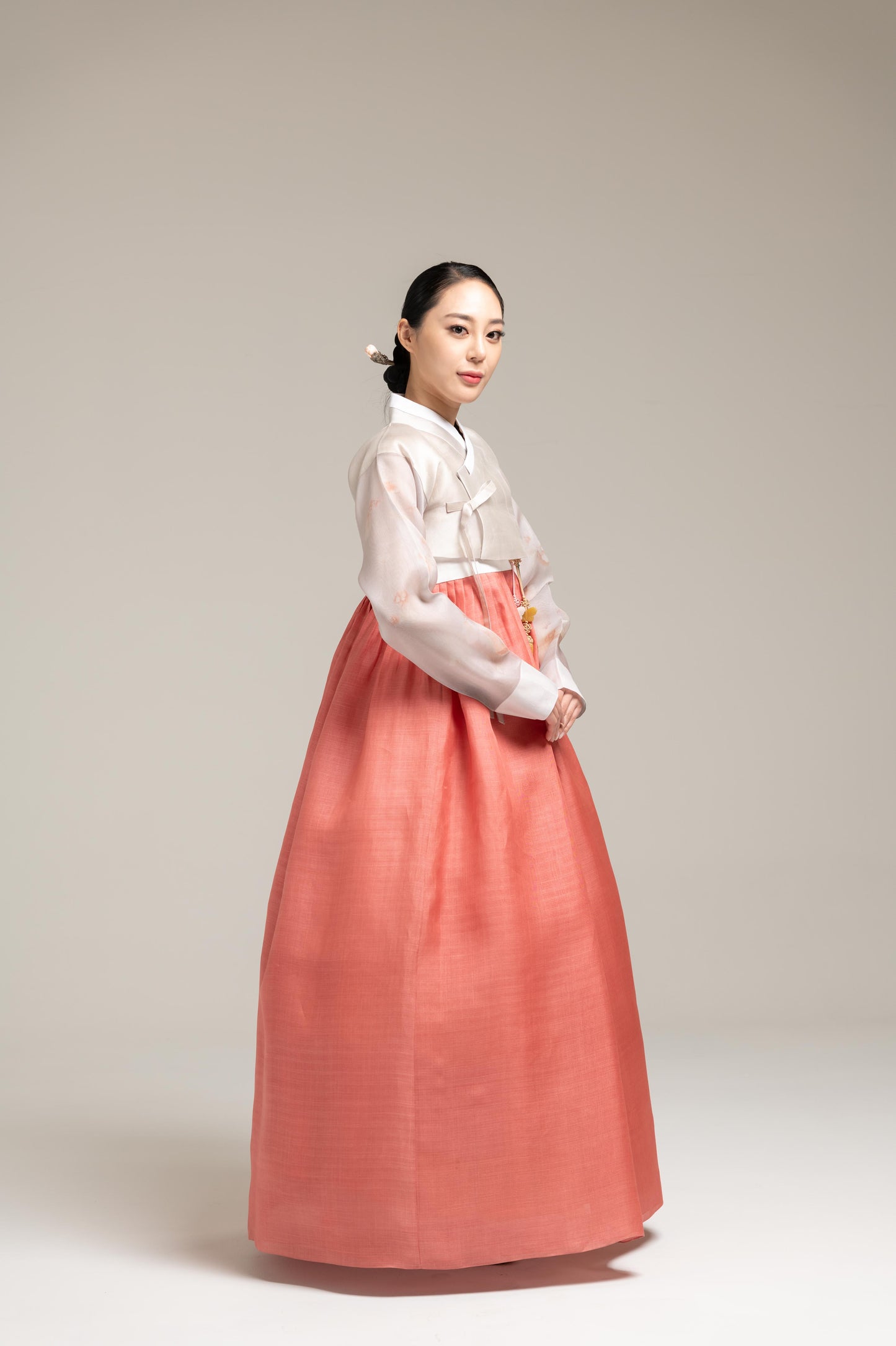 Coral Silk Skirt & Floral Sleeved Jeogori