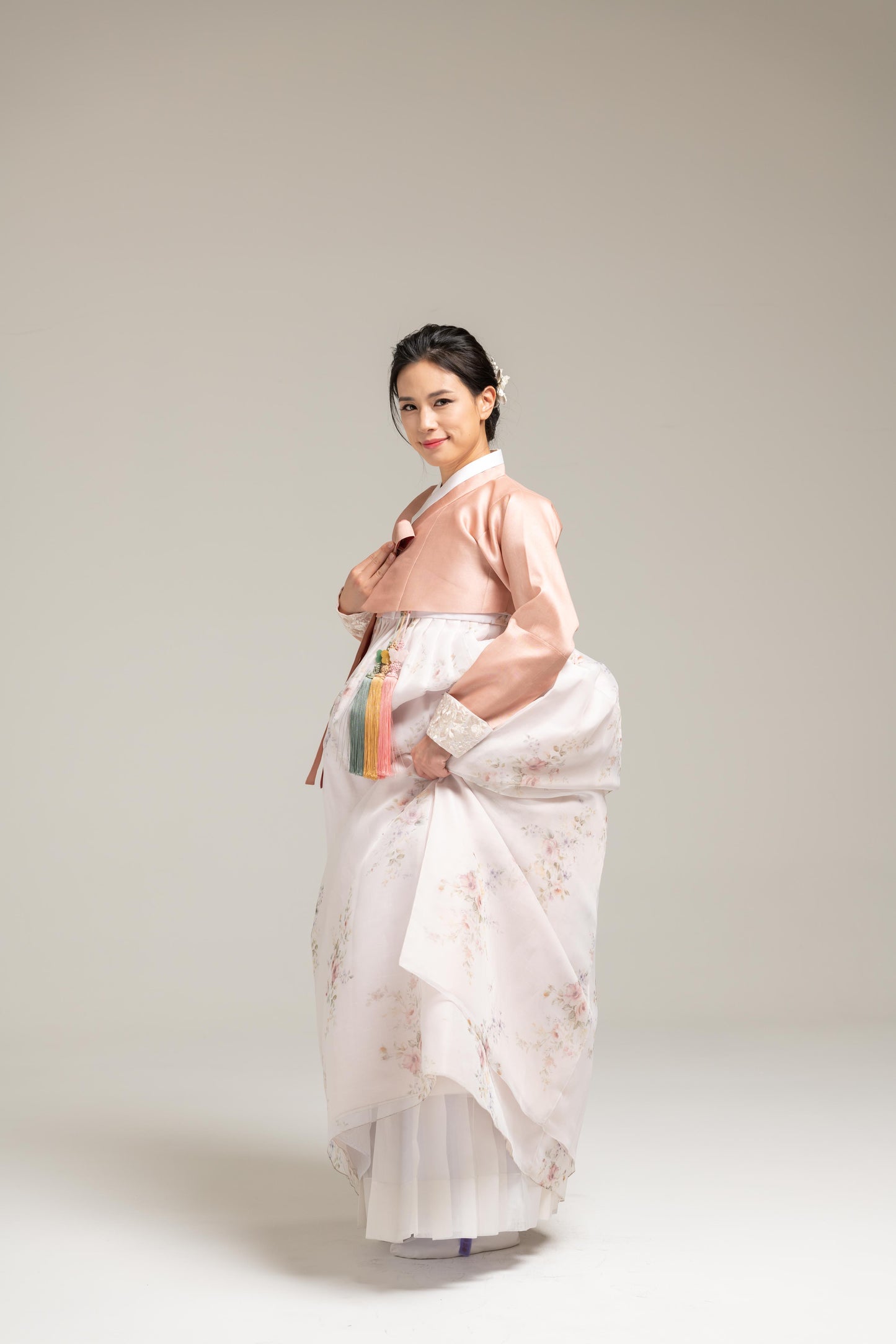Peach Myungju Jeogori & Flower Patterned Dress