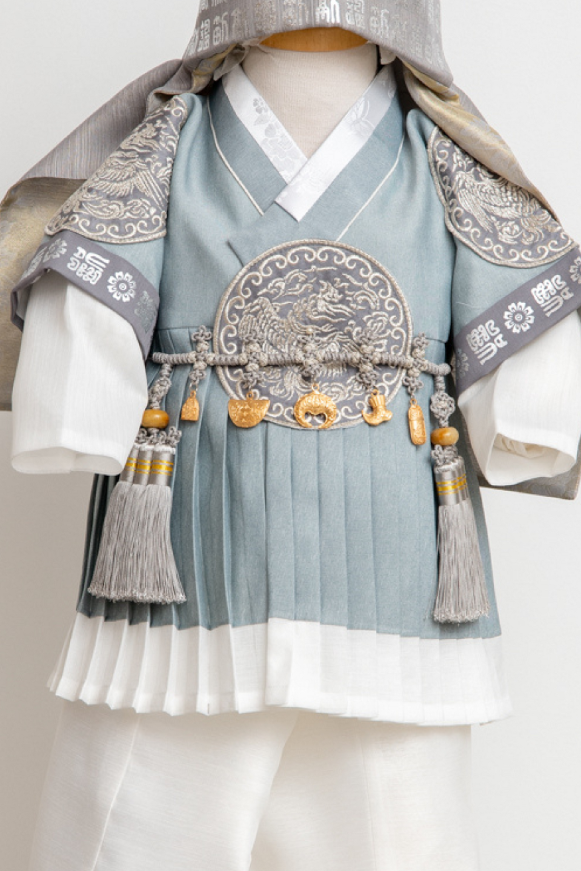 Silk belt for baby boy dohl hanbok with gold embellishments